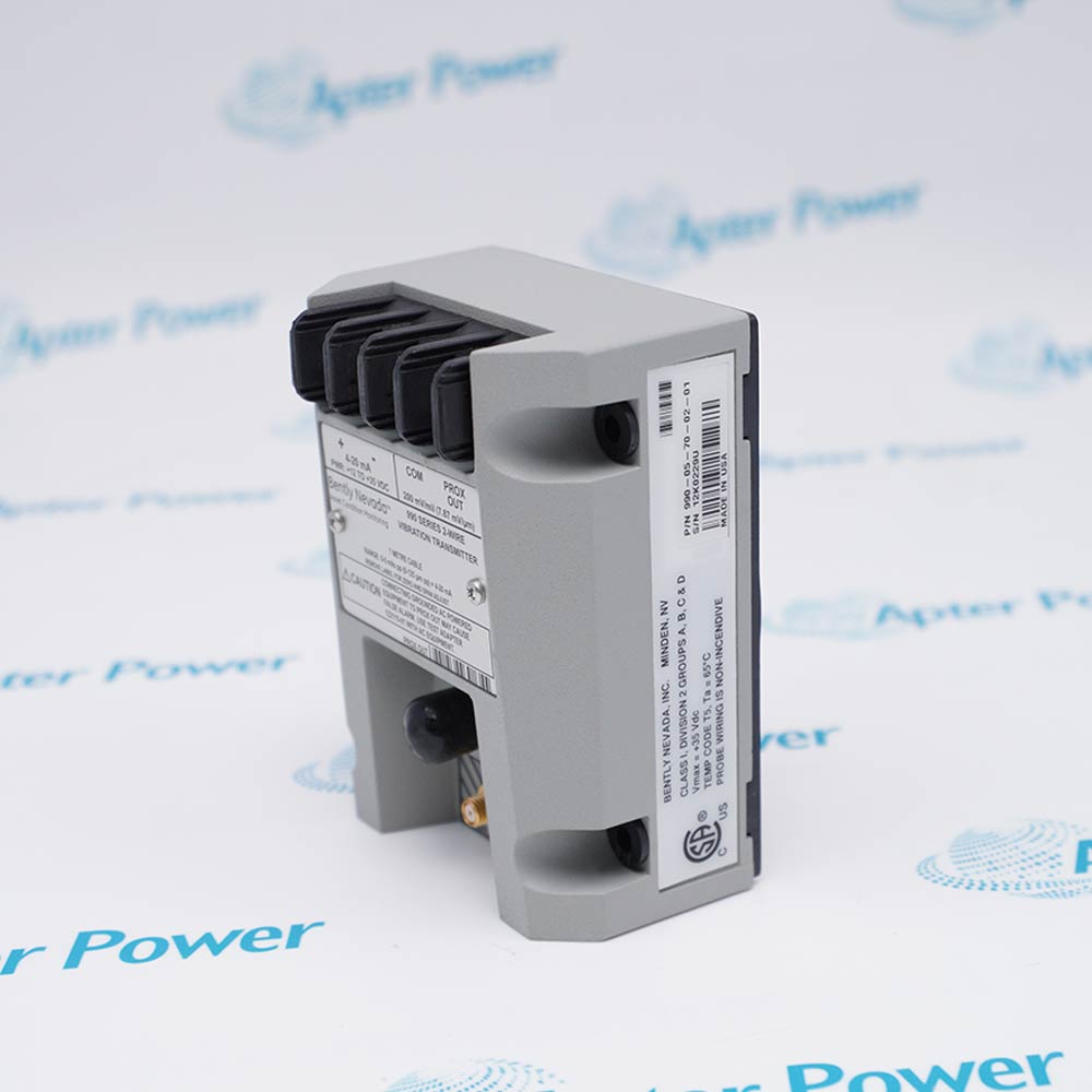 Bently Nevada 990-05-70-02-01 vibration transmitter, product label and enclosure