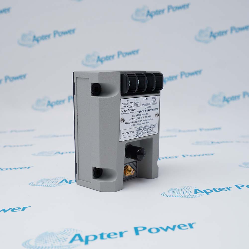 Bently Nevada 990-04-50-02-00 vibration transmitter, product label and enclosure