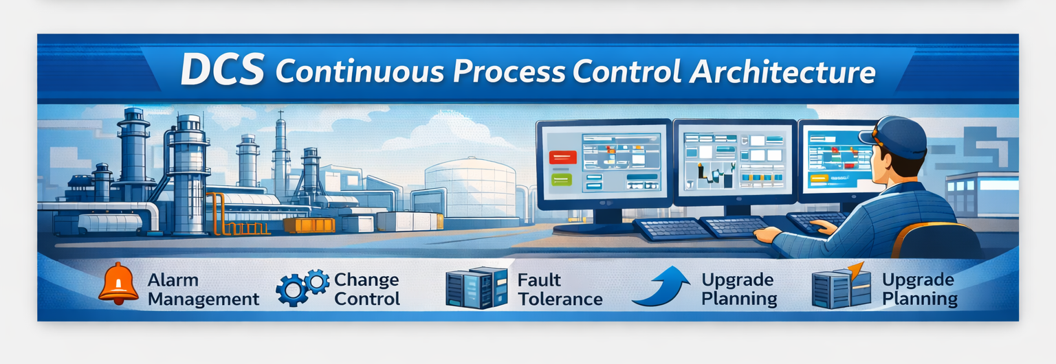A plant operator monitoring continuous industrial processes through a multi-screen DCS workstation.