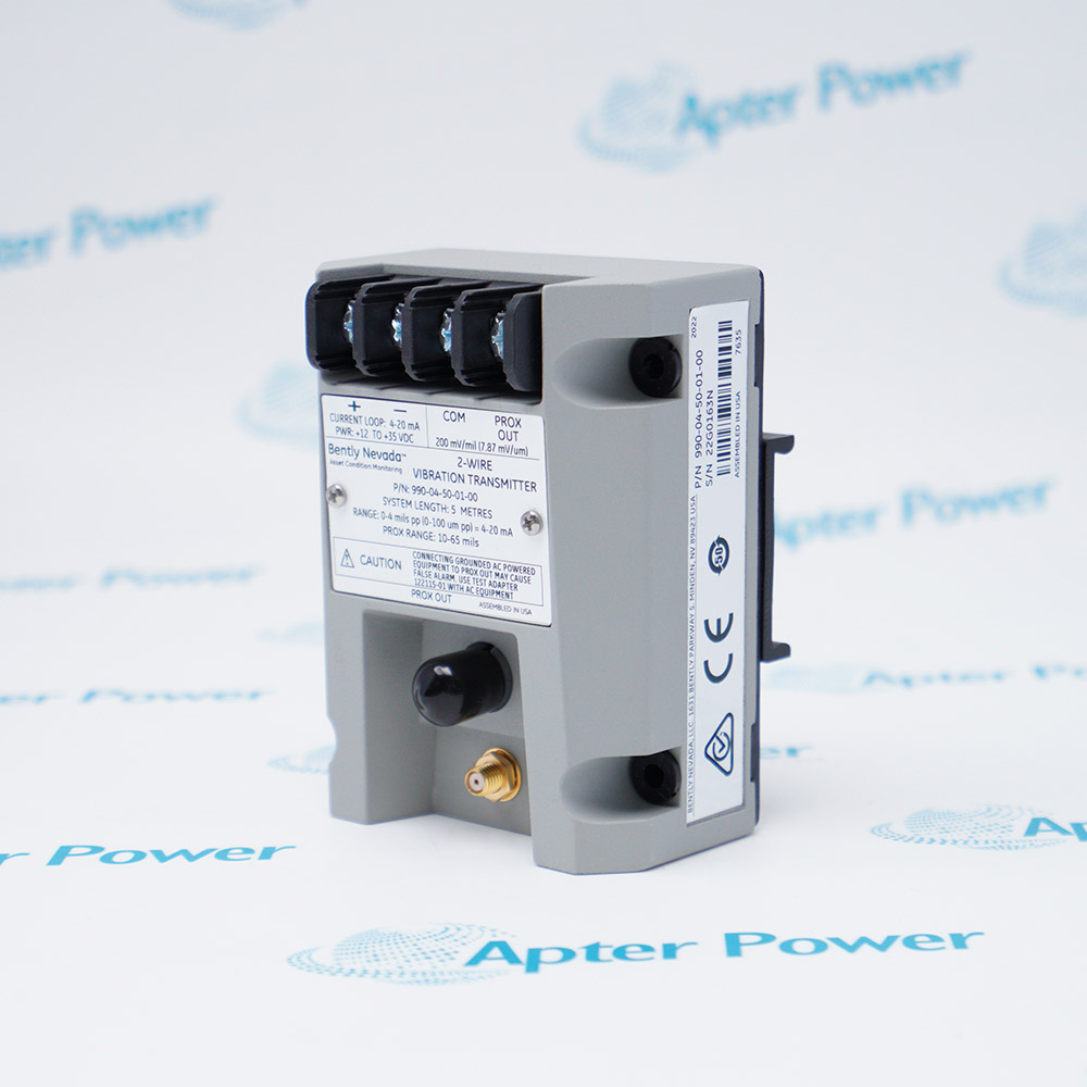 Bently Nevada 990-04-50-01-00 vibration transmitter, product label and enclosure
