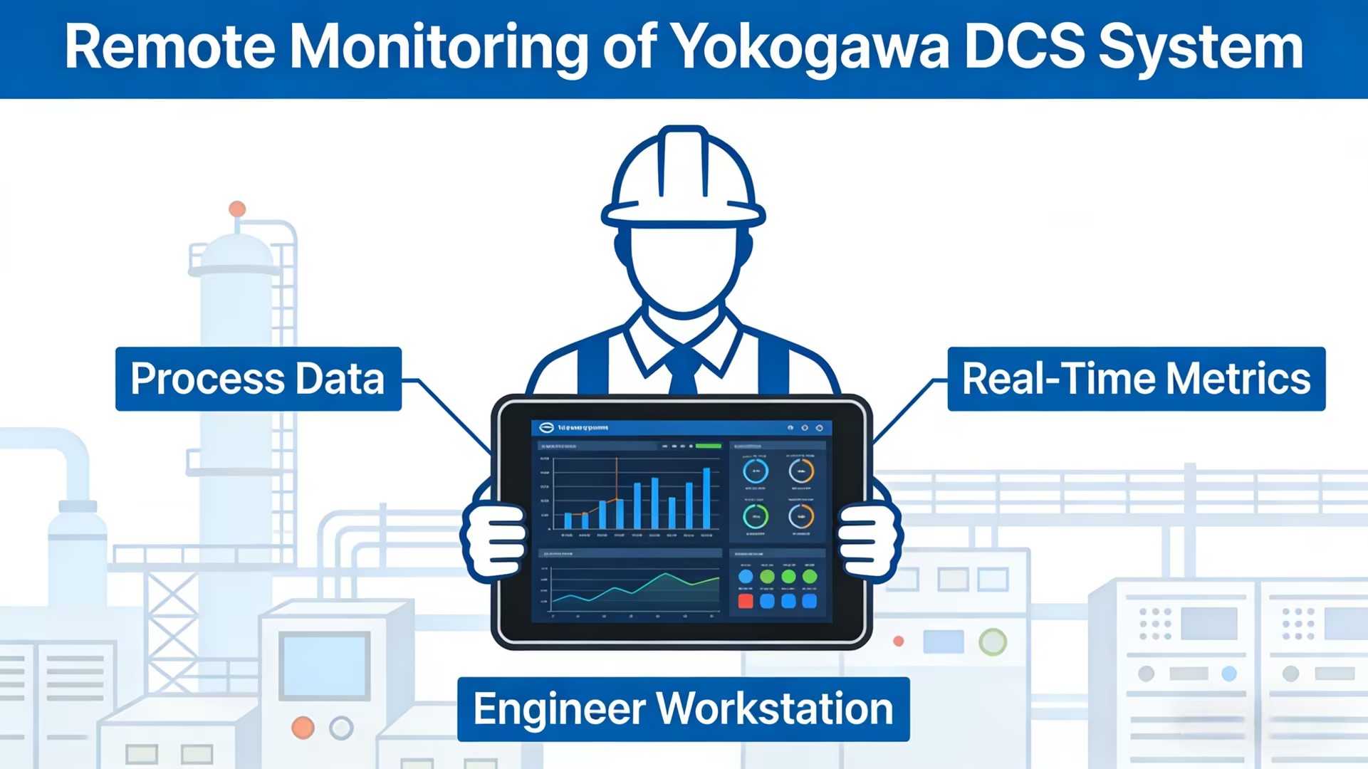 An engineer using a tablet workstation to remotely monitor real-time process data and metrics on a Yokogawa DCS system.