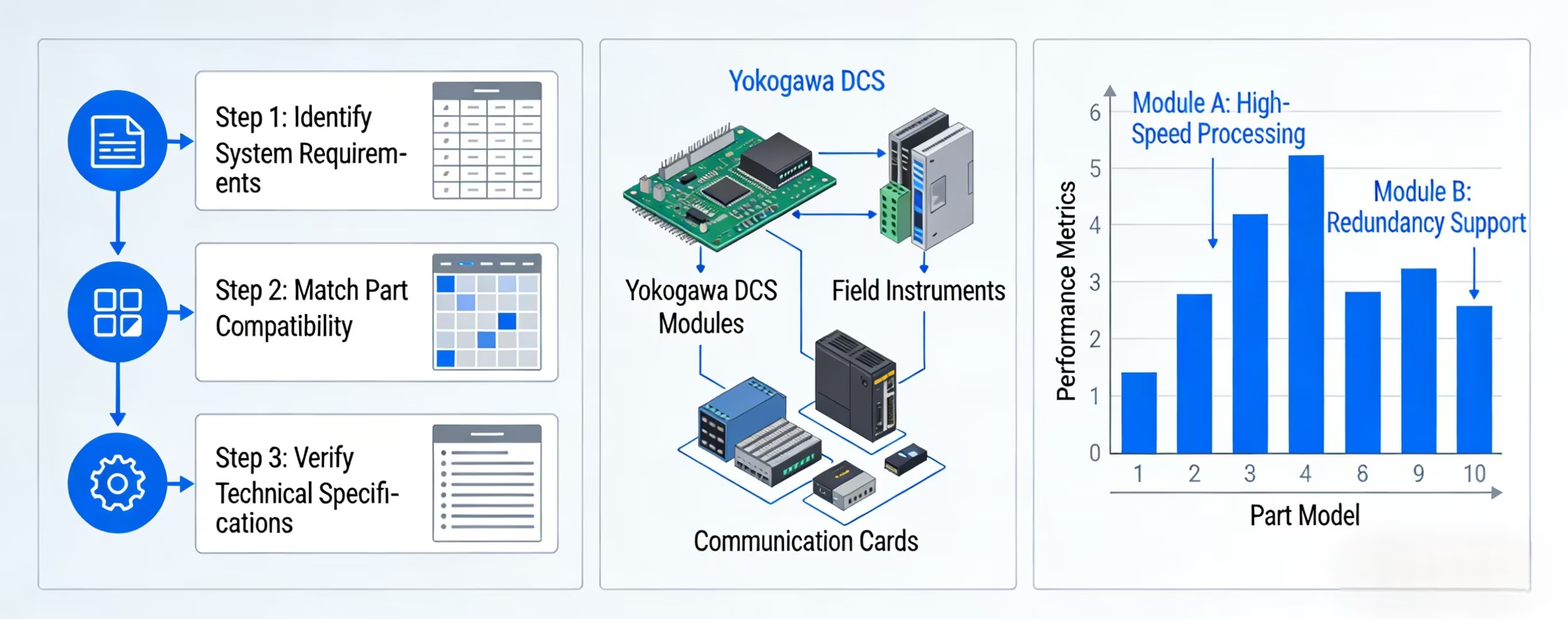 An infographic illustrating the step-by-step process for selecting Yokogawa DCS system components, connecting requirements to hardware modules and performance metrics.