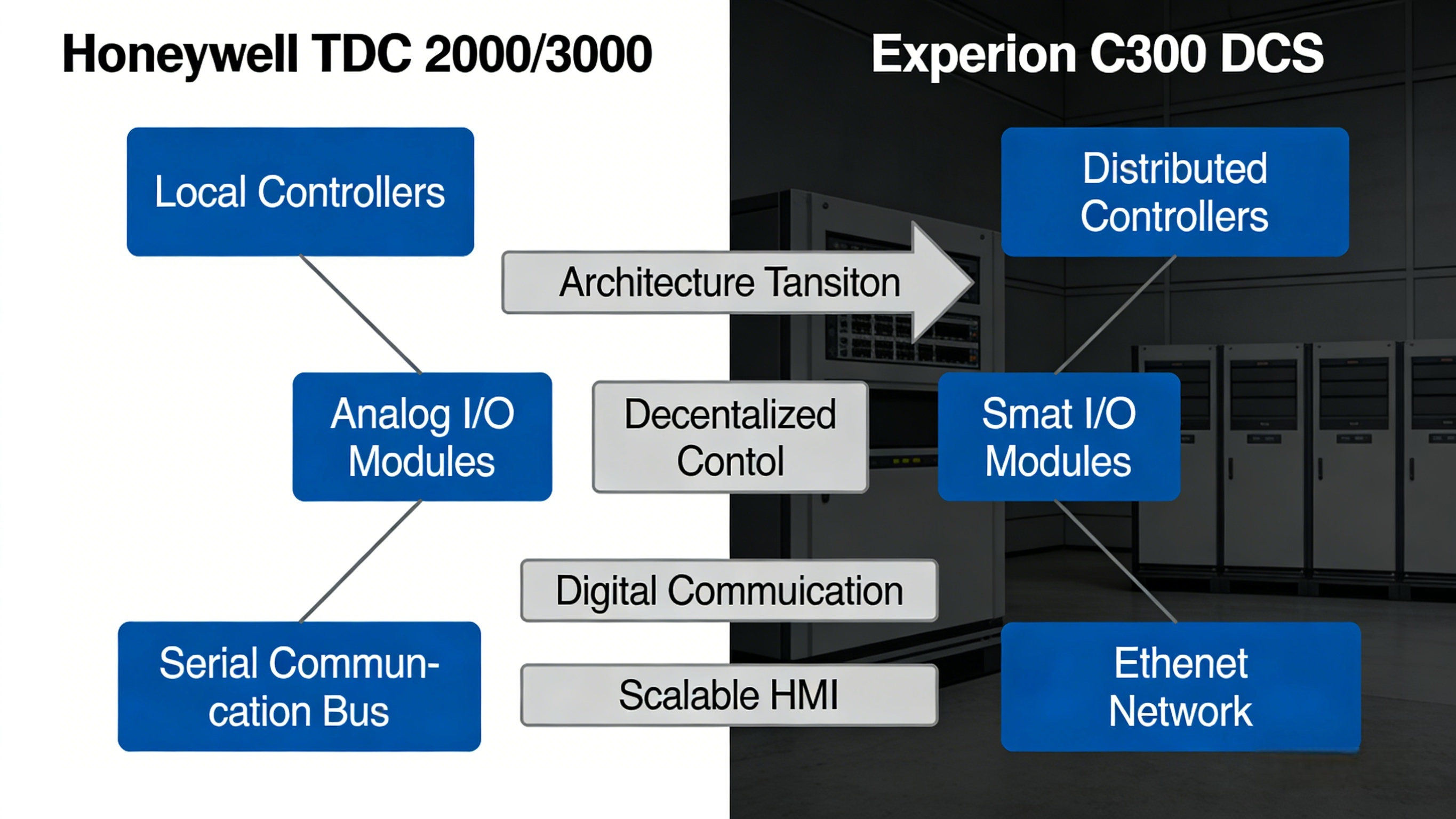 Diagram illustrating migration from Honeywell TDC 2000/3000 to Experion C300, shifting from local controllers and analog I/O to distributed controllers, smart I/O, and Ethernet networking.
