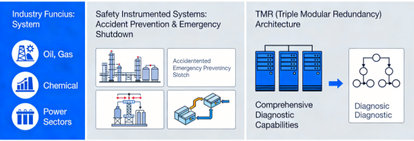 An infographic illustrating Triconex Tricon Safety Systems utilizing Triple Modular Redundancy architecture to execute emergency shutdowns and prevent accidents across industrial sectors.