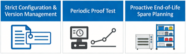 A three-panel infographic illustrating system maintenance strategies through icons for strict configuration management, periodic proof testing, and proactive spare planning.