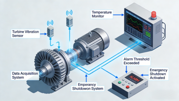 A machinery protection system actively transmitting turbine sensor data to monitors and triggering an automated emergency shutdown.