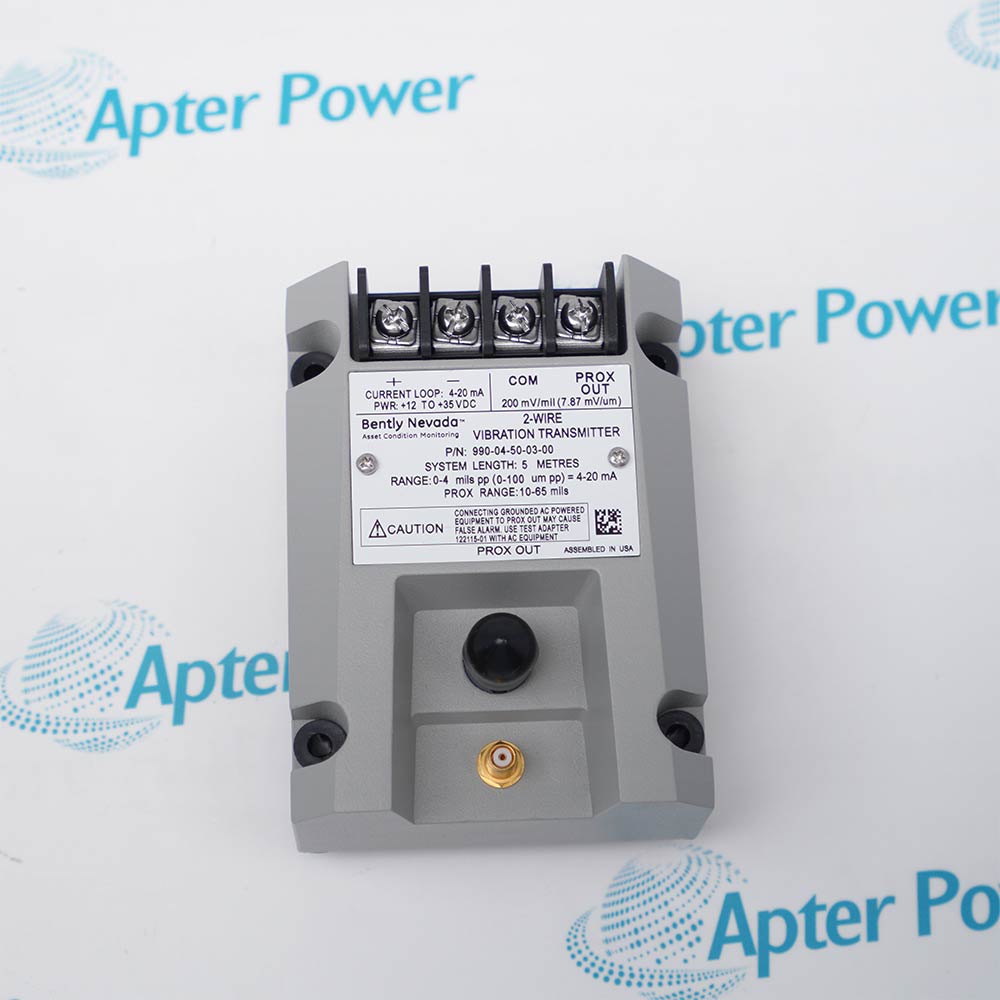 Bently Nevada 990-04-50-03-00 vibration transmitter, product label and enclosure