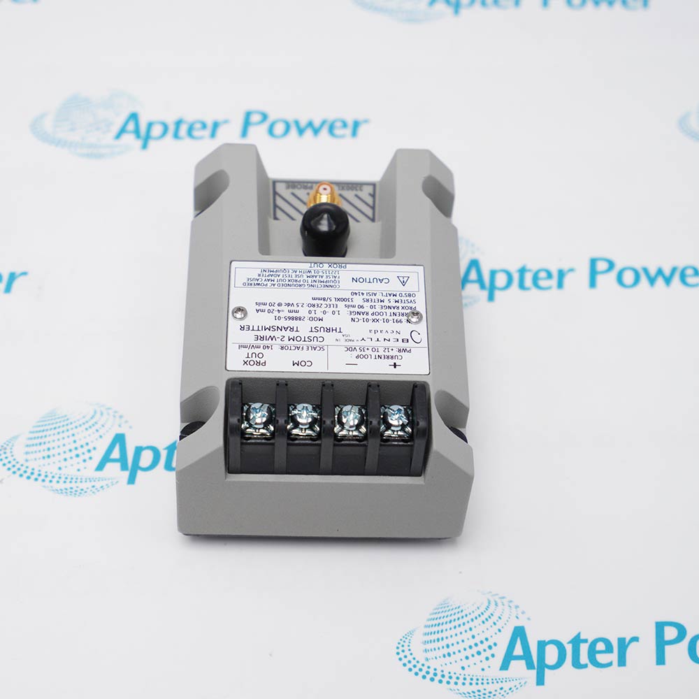 Bently Nevada 991-01-XX-01-00 MOD 284318-01 thrust transmitter, compact industrial hardware with label and casing structure