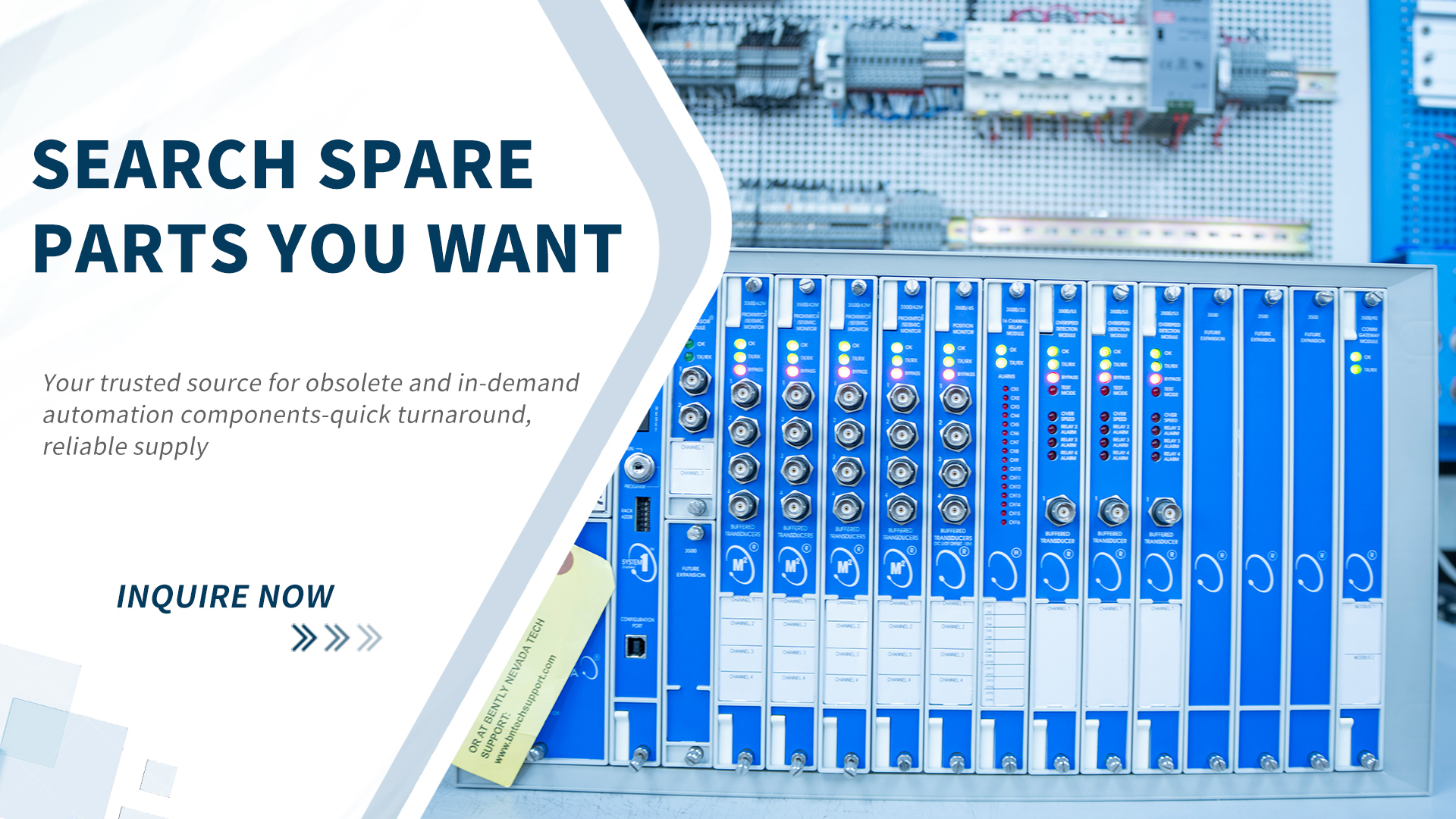 Gemini said A promotional banner displaying a rack of blue industrial automation modules next to text prompting users to search for spare parts.