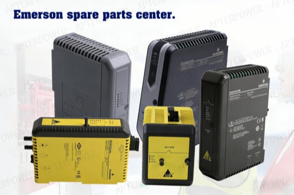 Gemini said A collection of various industrial Emerson spare parts, including yellow and black electronic modules, displayed together for a product showcase.