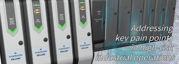 Gemini said A row of Emerson DeltaV industrial control modules with glowing green status lights mounted together for high-risk industrial operations.