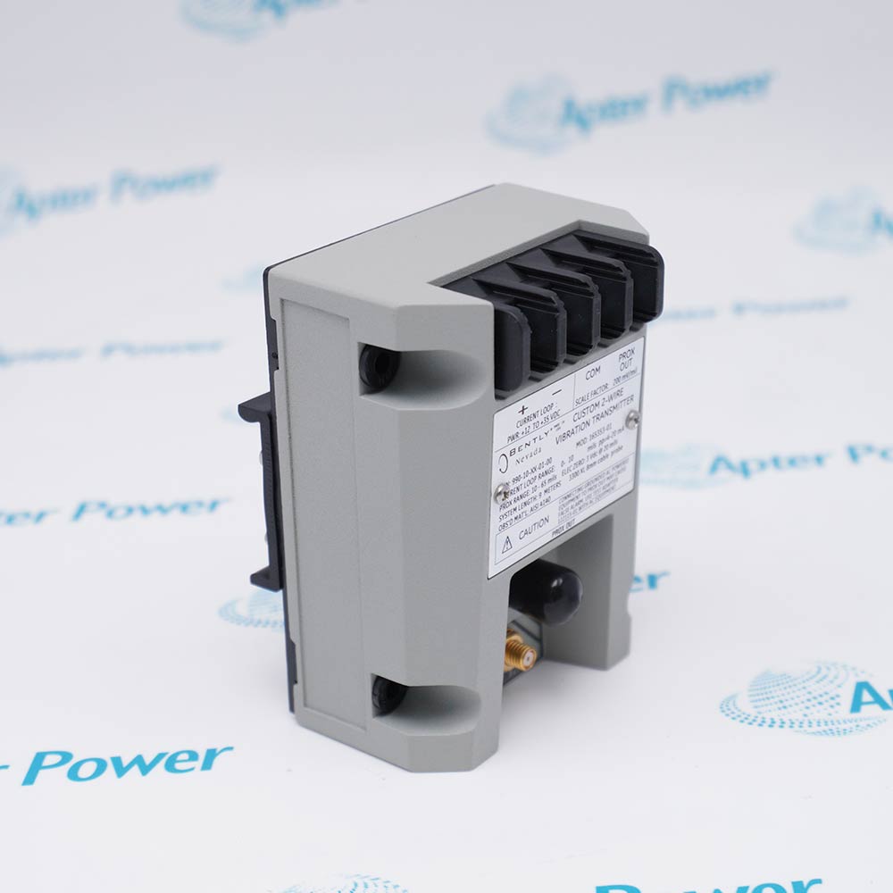 Bently Nevada 990-10-XX-01-05 MOD:165353-01 transmitter, product label and enclosure