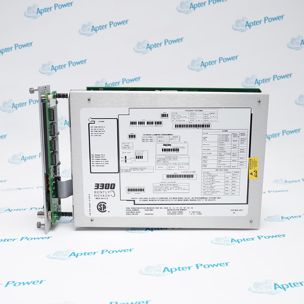 Bently Nevada 3300/16-15-01-03-00-00-02 monitor module, showing front panel controls and label details