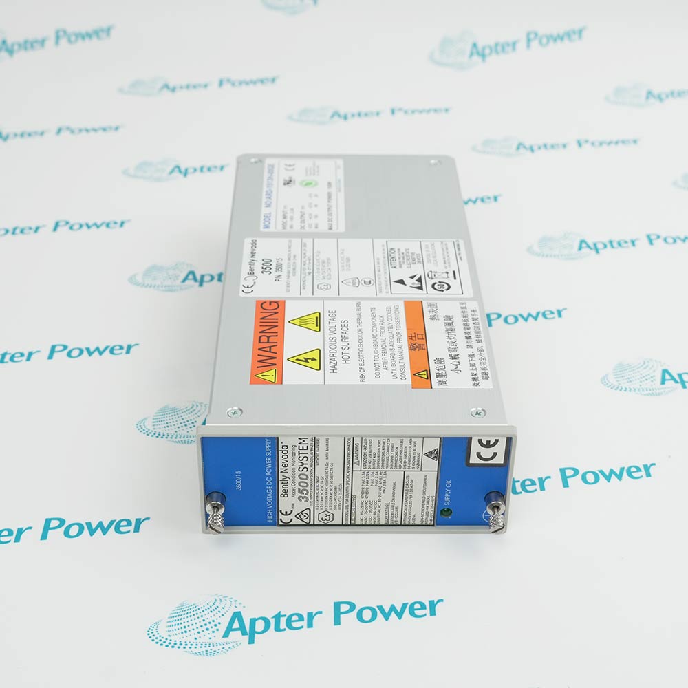 Bently Nevada 3500/15 114M5329-01 rack power supply with status LEDs, front label, and module extraction handle