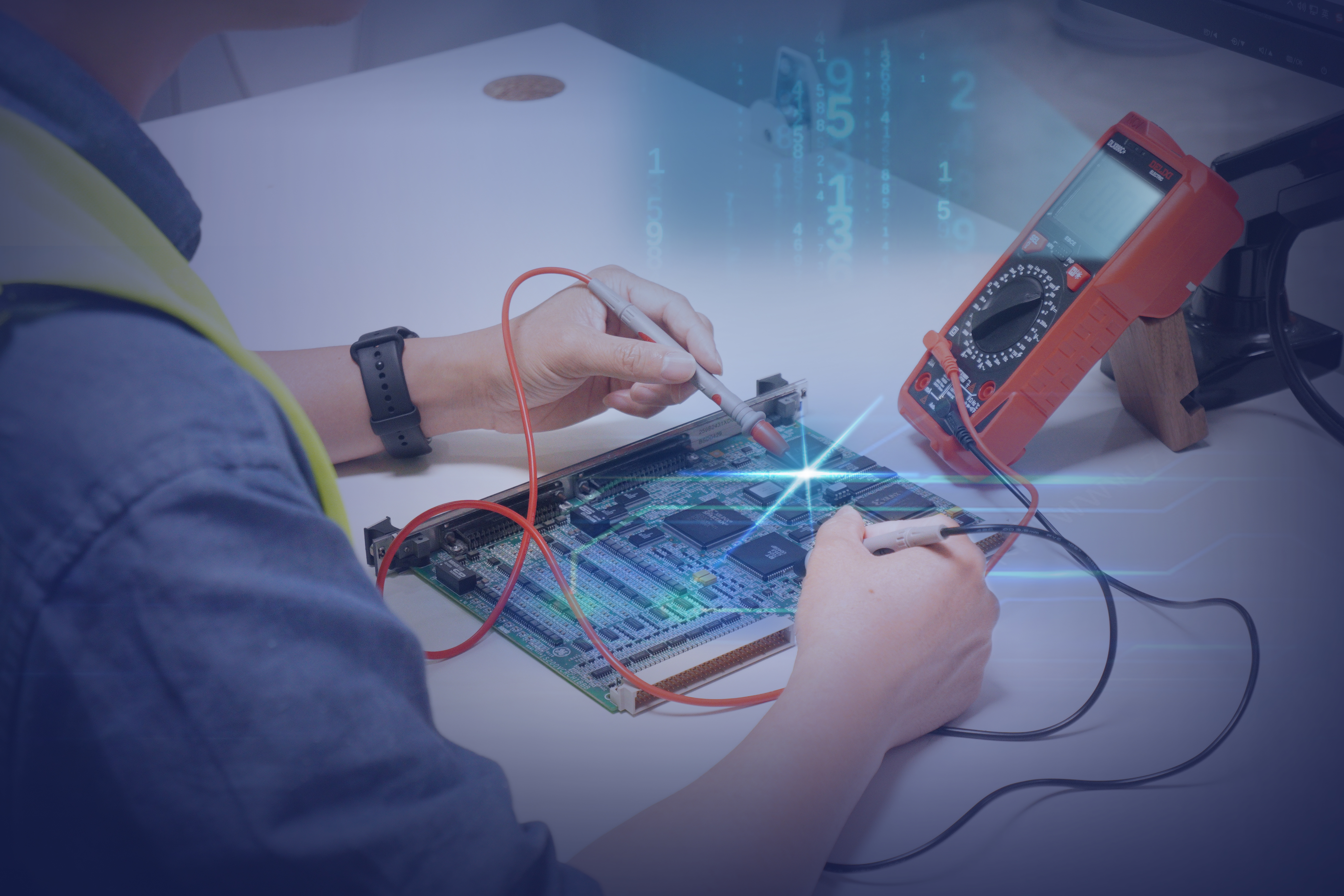 A technician carefully testing a circuit board using a digital multimeter at a bright workstation.