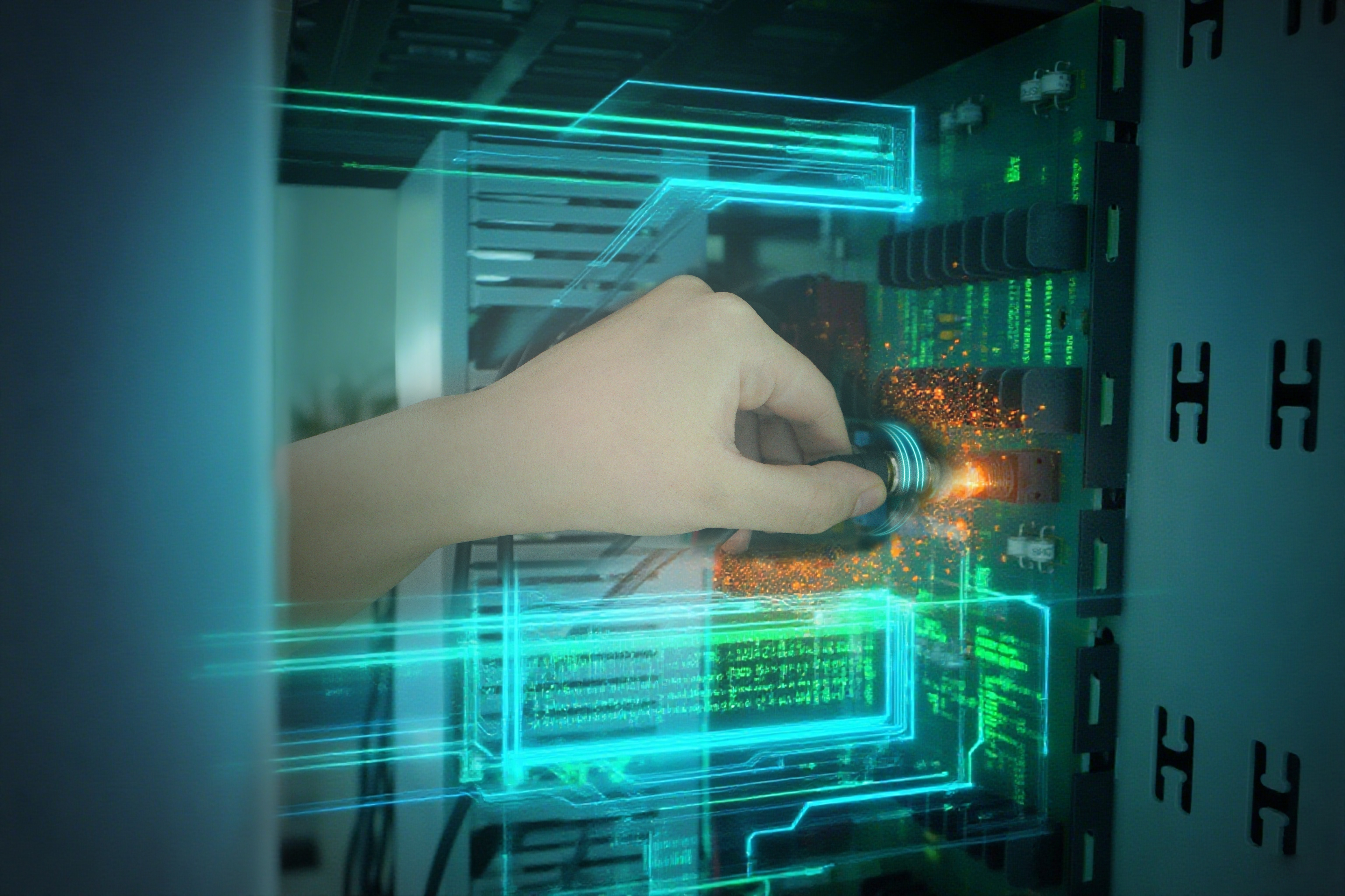 A hand plugging a cable into a circuit board surrounded by glowing cyan digital holograms and vibrant orange sparks.