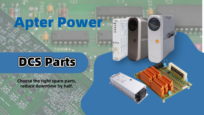 An assortment of industrial DCS modules and hardware spare parts showcased together on a promotional graphic.