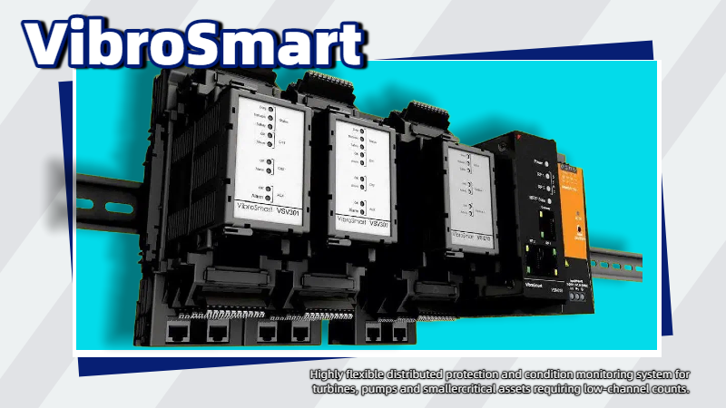 Several VibroSmart monitoring modules interconnected and mounted side-by-side on an industrial rail.