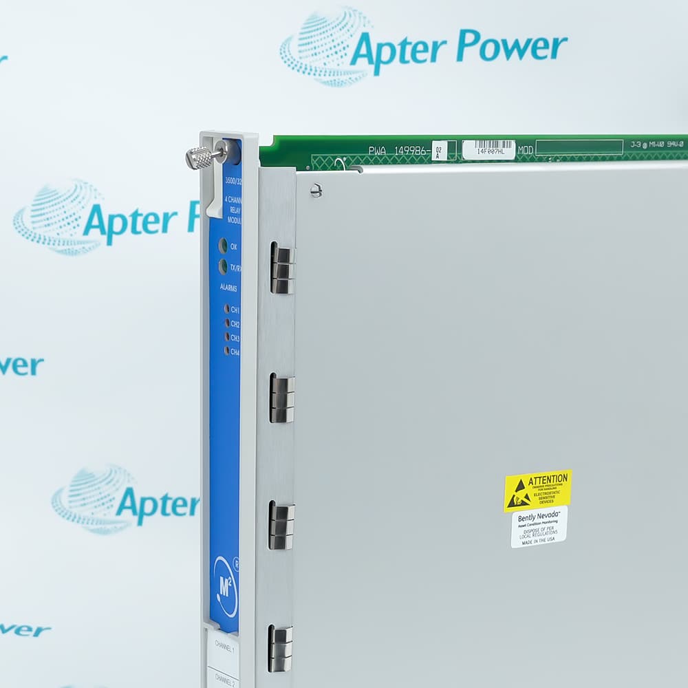 Bently Nevada 3500/32M 149986-02 four-channel relay I/O module with circuit board, relays, and rack connector