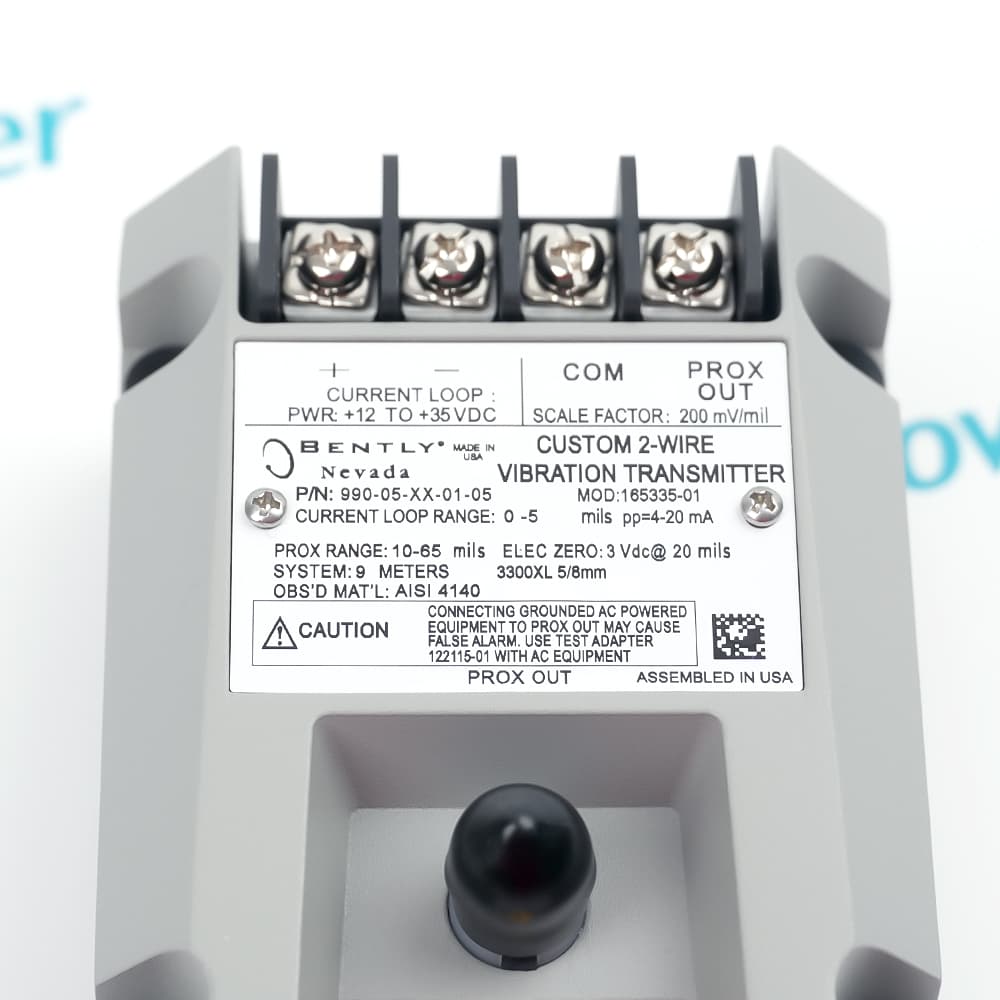 Bently Nevada 990-05-XX-01-05 MOD:165335-01 transmitter, product label and enclosure