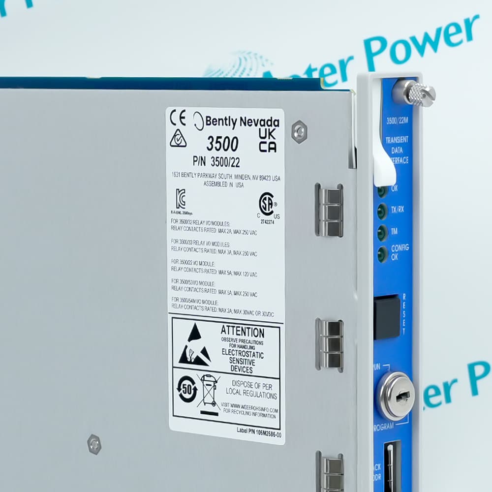 Bently Nevada 3500/22M 288055-01 transient data interface with electronic board, metal frame, and backplane connector