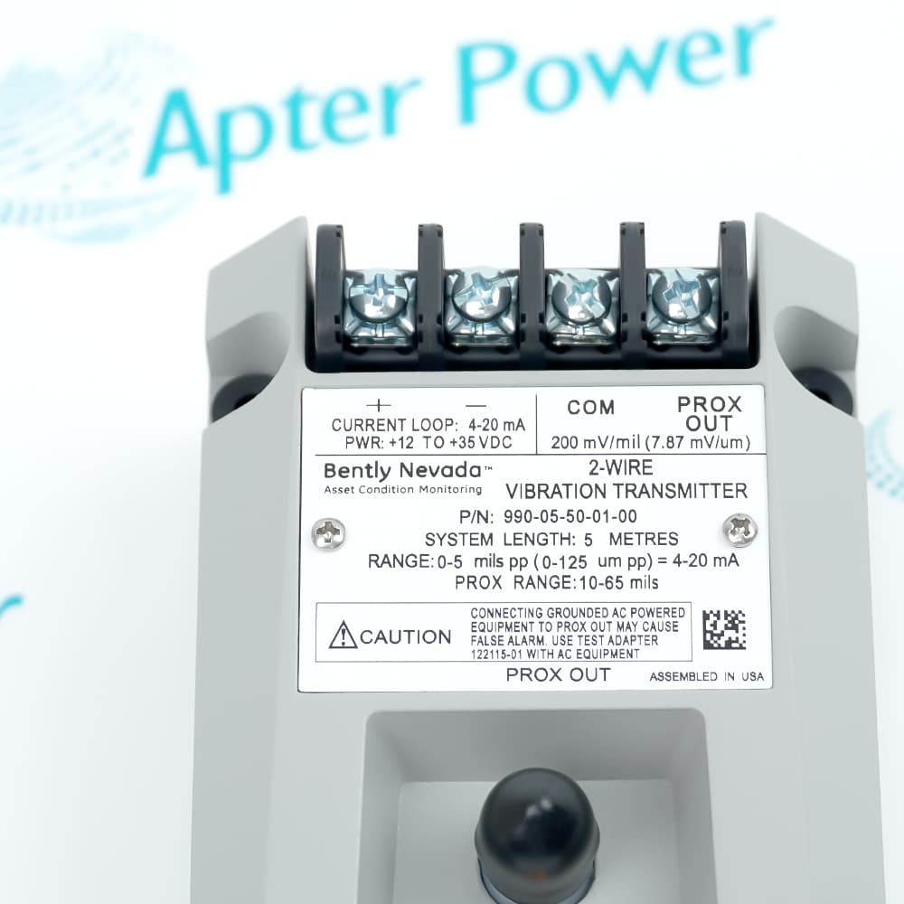Bently Nevada 990-05-50-01-00 vibration transmitter, product label and enclosure