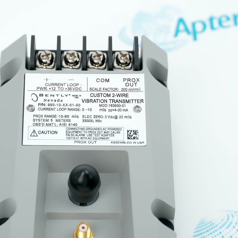 Bently Nevada 990-10-XX-01-00 MOD:163930-01 transmitter, product label and enclosure