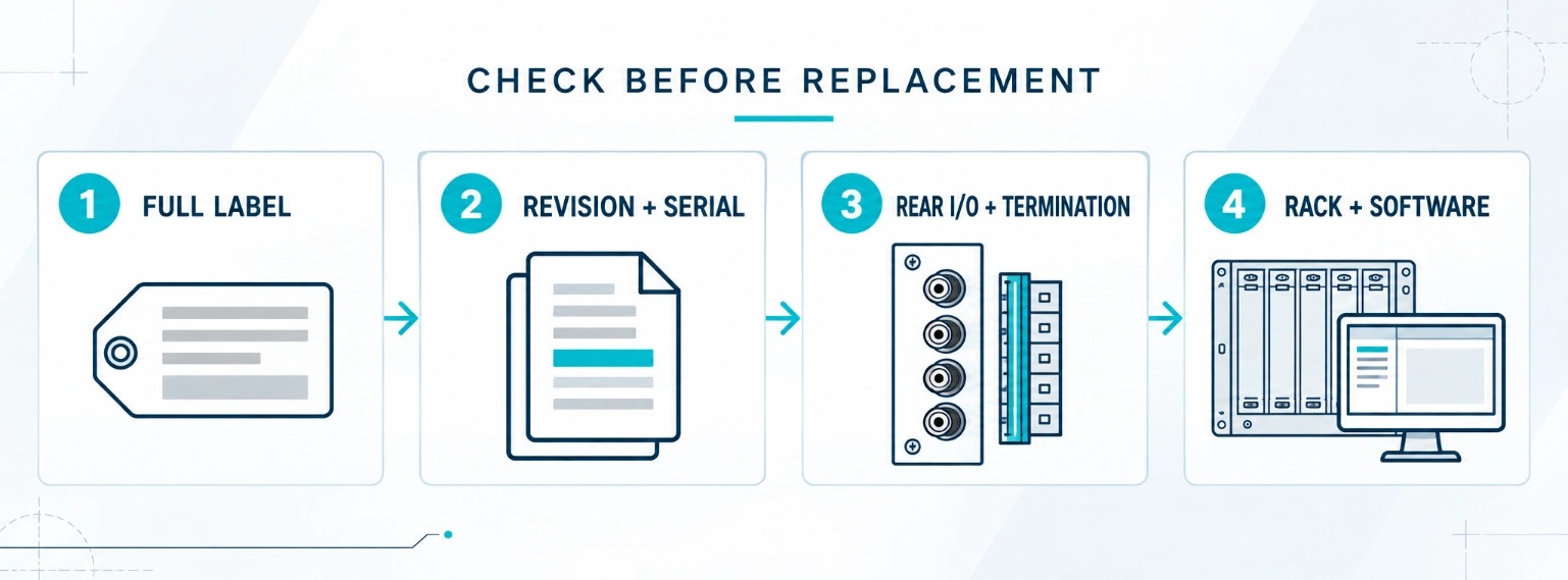 Illustrative four-step replacement check: record the full label, revision and serial, rear I/O and termination, then rack and software details