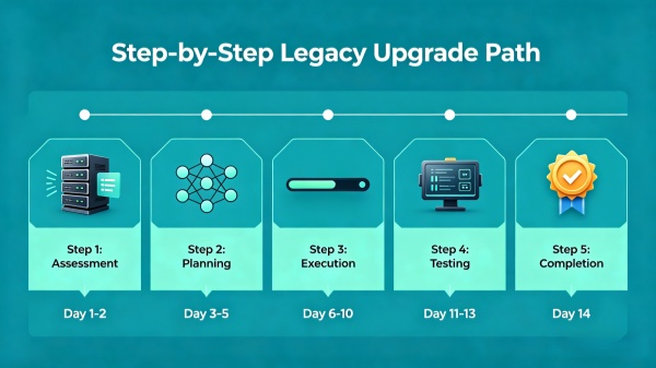 A visual timeline illustrating a five-step legacy upgrade path from assessment to completion over a 14-day period.