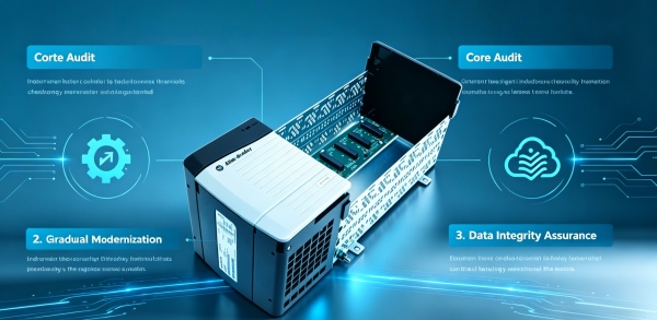 A technical infographic showcasing a piece of ControlLogix hardware surrounded by glowing digital circuit lines and feature callouts.