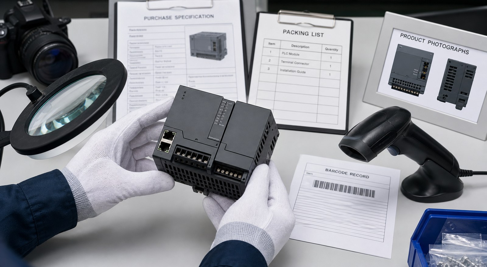 Automation component checked against specification, packing list, barcode record and product photographs