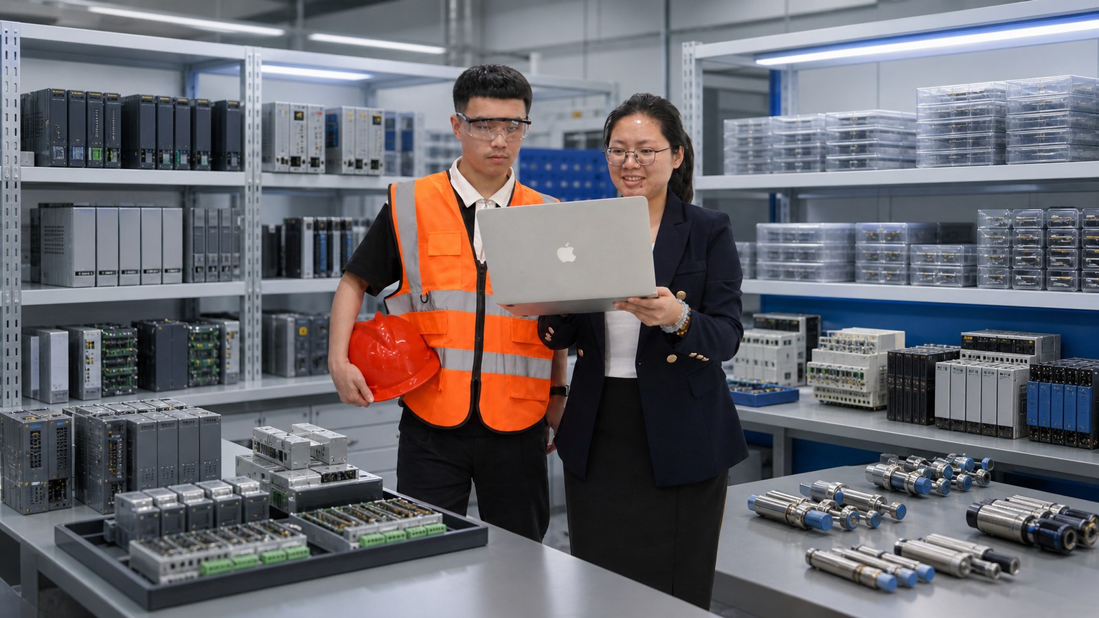 Apter Power team reviewing automation products staged for testing