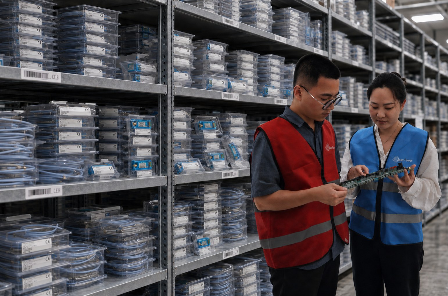 Apter Power team reviewing an industrial automation component