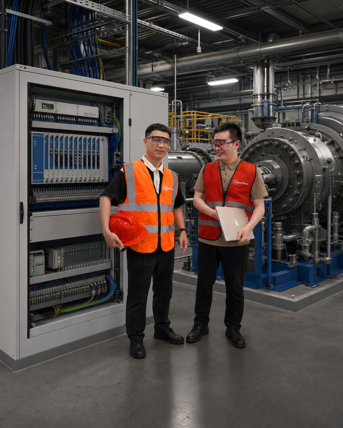 Apter Power team beside a machinery monitoring rack and rotating equipment