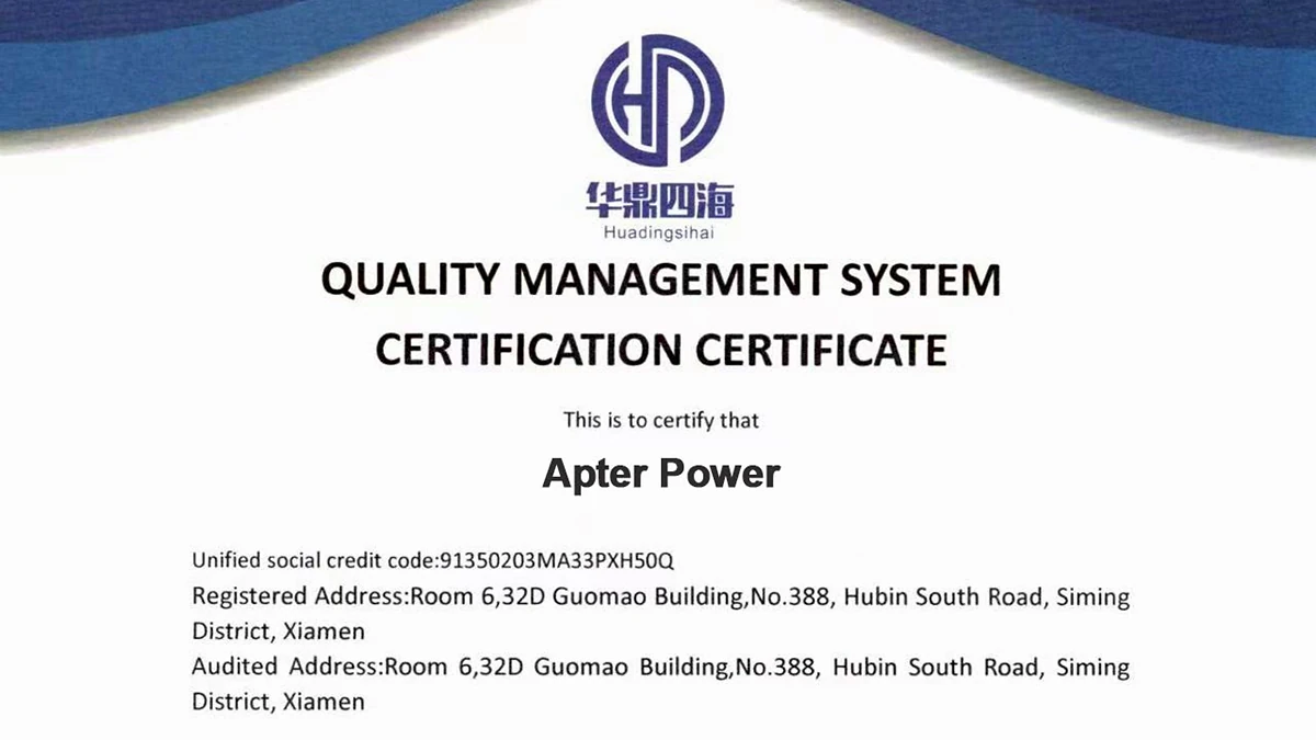 ISO 9001:2015 certificate detail naming Apter Power