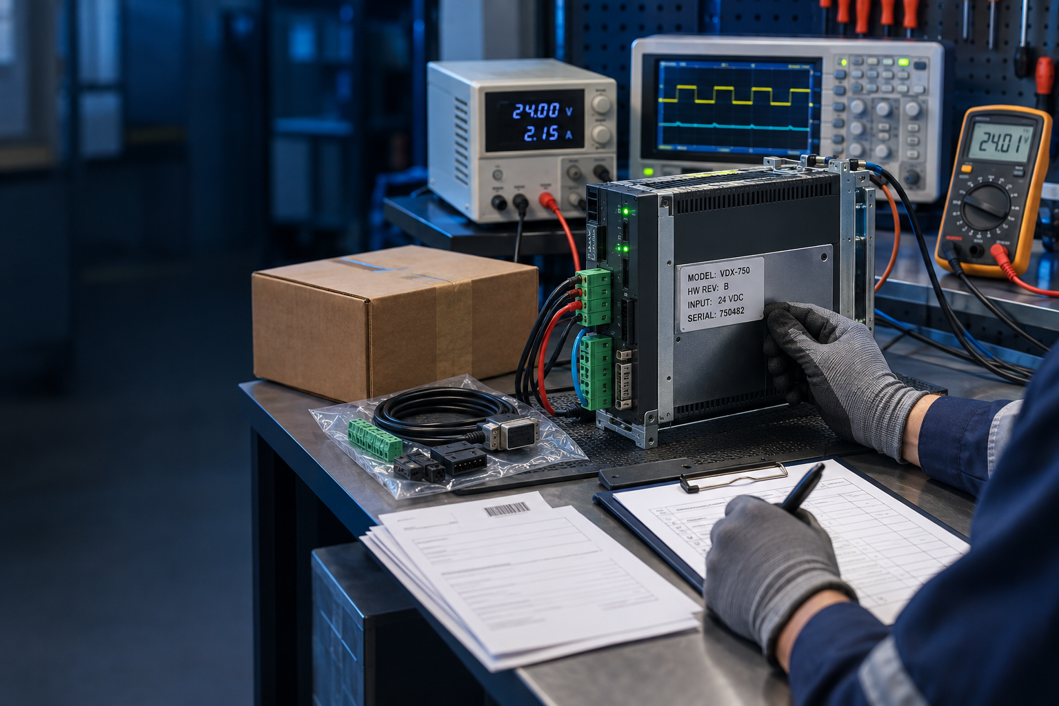 Illustrative powered functional test of a generic industrial automation controller with test instruments and inspection documents