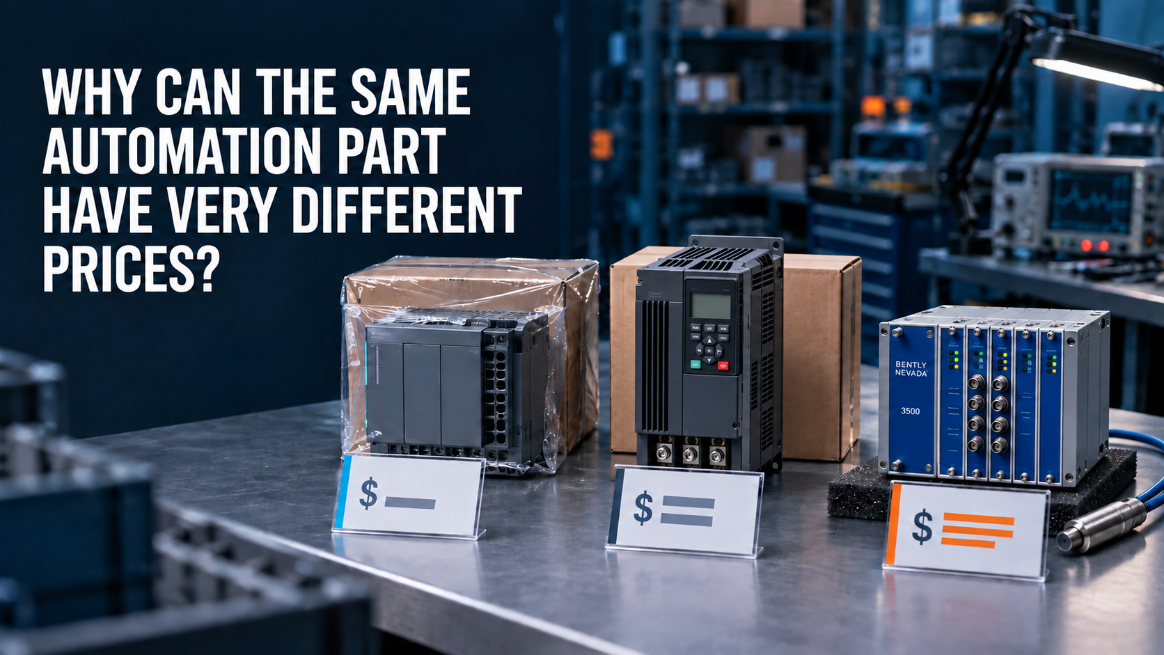 Industrial automation quotation comparison featuring a PLC, variable-frequency drive and Bently Nevada 3500-style monitoring system