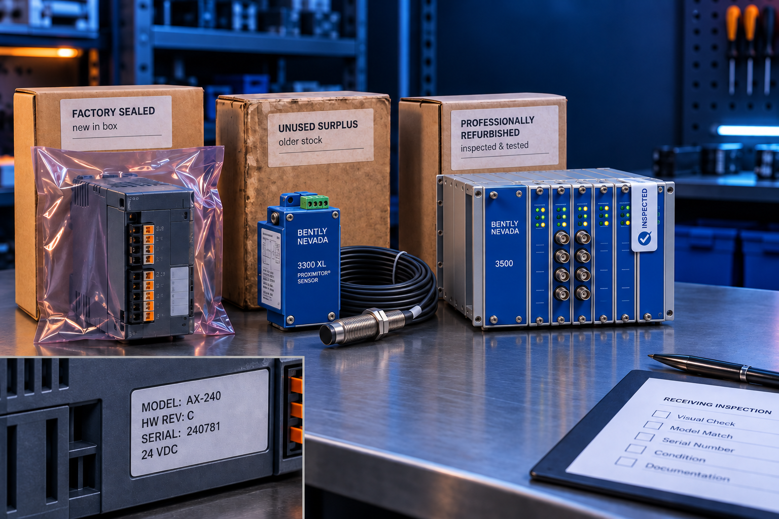 Illustrative condition comparison featuring a sealed PLC and Bently Nevada 3300 XL and 3500-style monitoring components